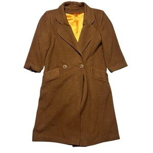 Vintage Chocolate Brown Cashmere Wool Long Coat Button Front Gold Satin Lining
